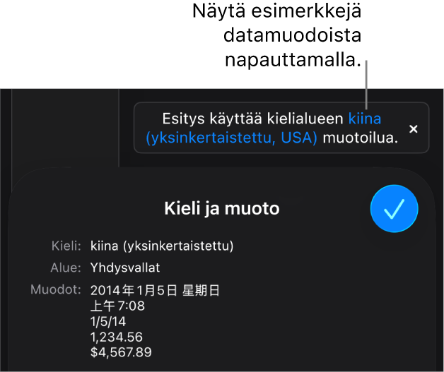 Eri kieli- ja alueasetuksen ilmoitus, jossa on esimerkkejä kyseisen kielen ja alueen muotoilusta.
