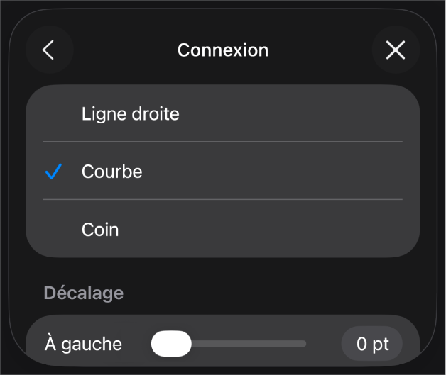 Les commandes Connexion avec l’option Courbe sélectionnée.
