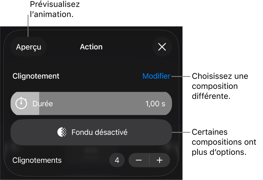 Les options de composition comprennent les minutages Durée et Début. Touchez Modifier pour choisir une composition différente, ou touchez Aperçu pour la prévisualiser.