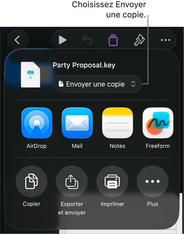 Le menu Partager avec l’option Envoyer une copie sélectionnée dans le haut.