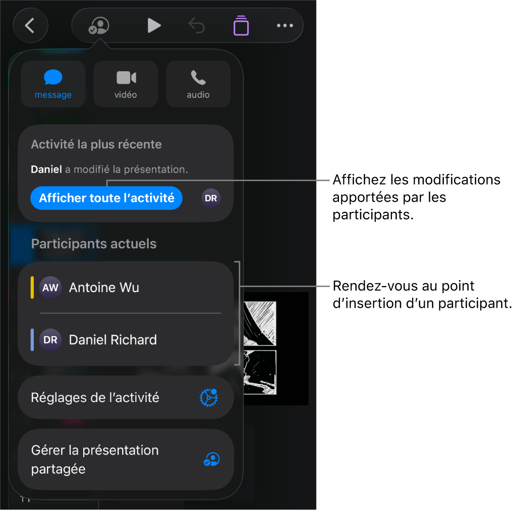 Le menu de collaboration avec la liste des participants actuels.