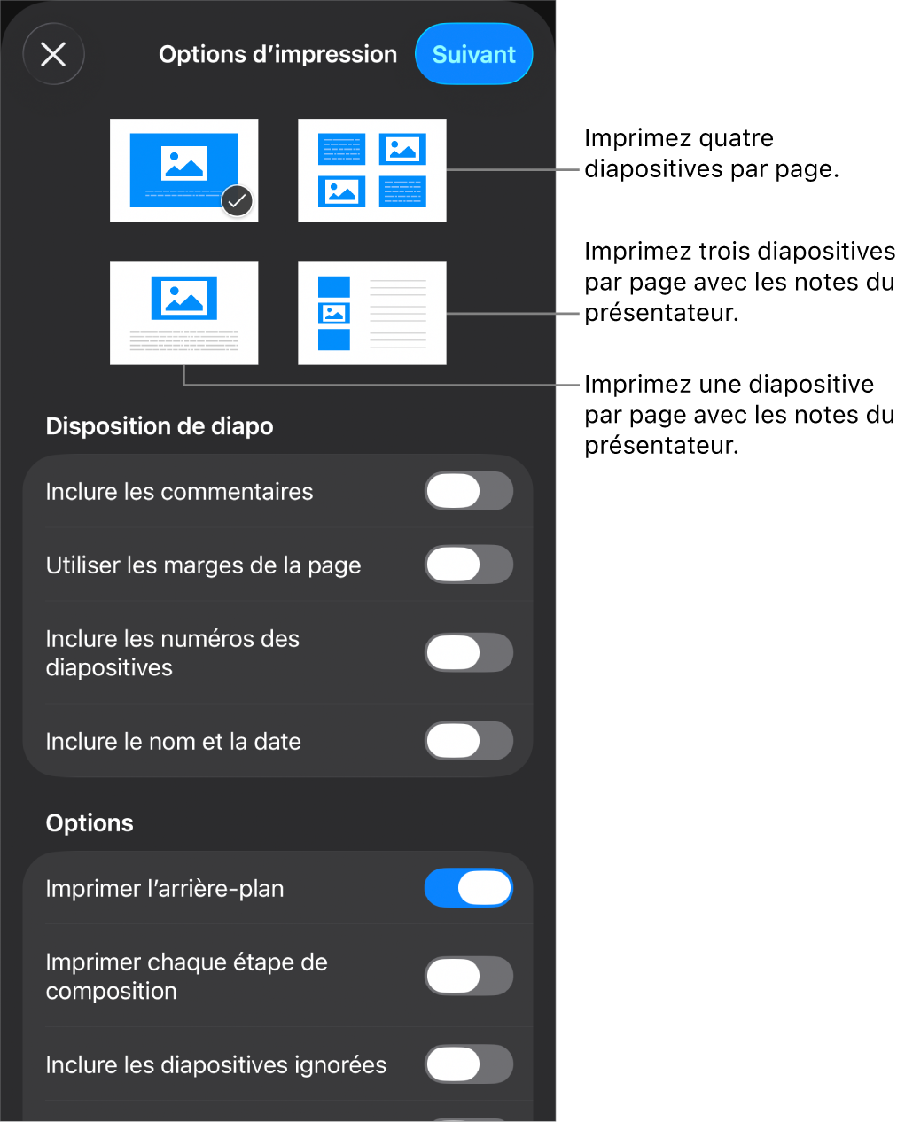 Options de disposition d’impression