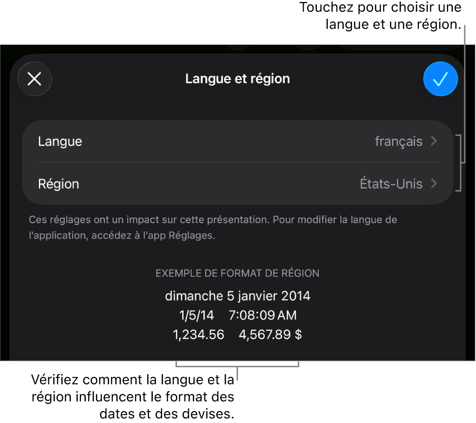 Sous-fenêtre Langue et région avec les commandes pour la langue et la région, et un exemple du format qui comprend la date, l’heure, les décimales et la devise.