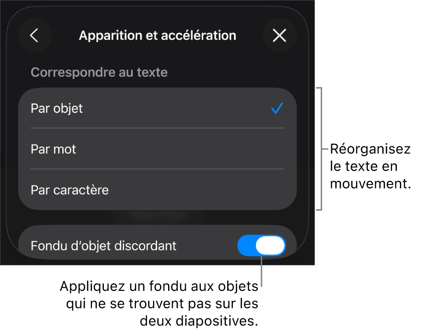 Options d’apparition et d’accélération Métamorphose dans la sous-fenêtre Accélération.