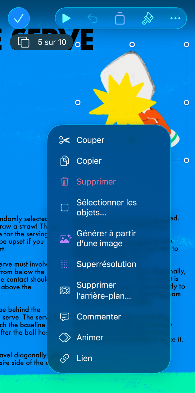 L’app Keynote montre un objet sélectionné. Le bouton Animer s’affiche dans le menu au-dessus de l’objet sélectionné.