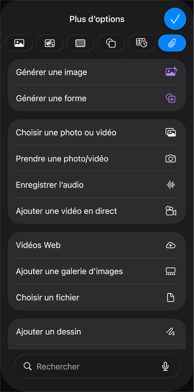 Le menu Multimédia affiche des boutons permettant d’ajouter et d’enregistrer divers objets multimédias.