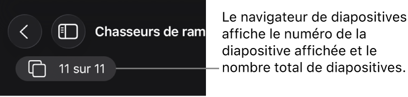 Le bouton du navigateur de diapositives affichant le numéro de la diapositive actuelle et le nombre total de diapositives dans la présentation.