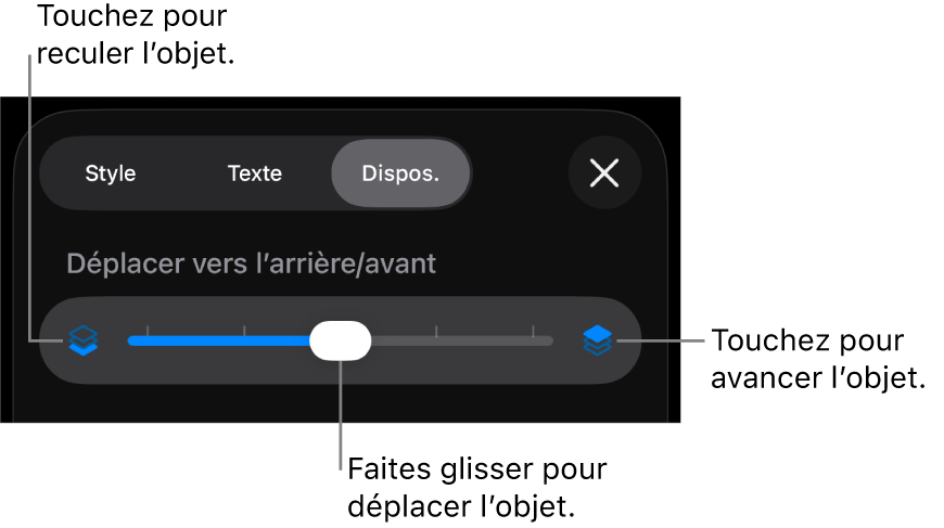 Le bouton de déplacement vers l’arrière, le bouton de déplacement vers l’avant et le curseur de superposition.