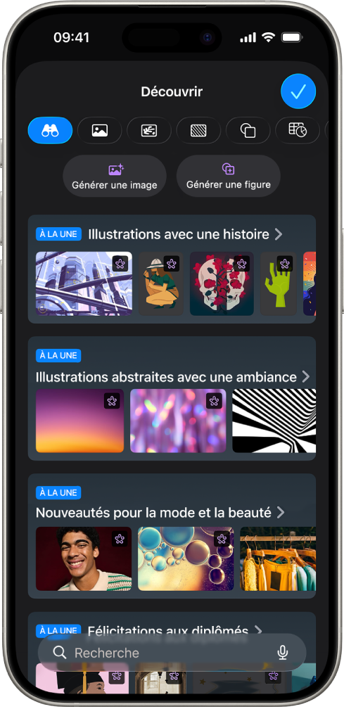 Le bouton Découvrir du centre de contenu affichant des options permettant de générer une image ou d’ajouter des images premium à une diapositive.