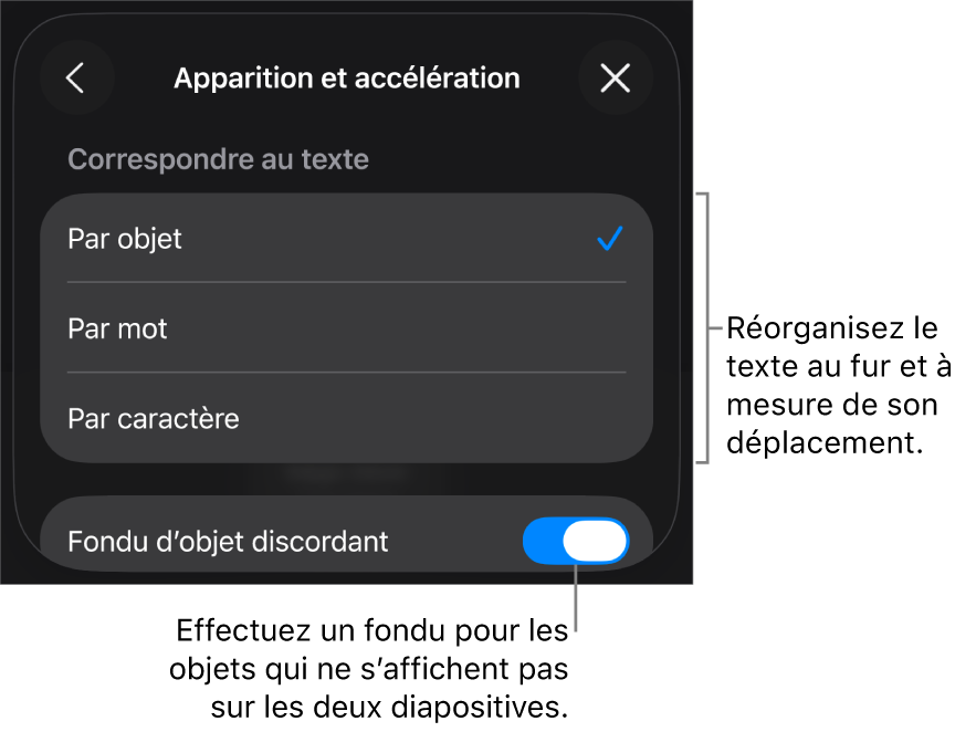 Options d’apparition et d’accélération des transitions Métamorphose dans la sous-fenêtre Accélération.