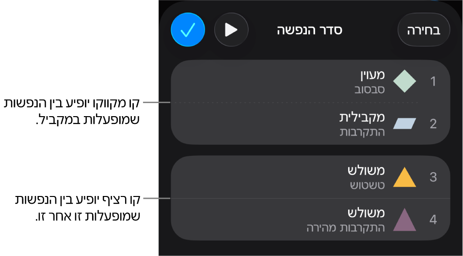 התפריט ״סדר הנפשה״, שבו קו מקווקו מופיע בין הנפשות שמופעלות בו זמנית וקו רציף מופיע בין הנפשות שמופעלות אחת-אחת.