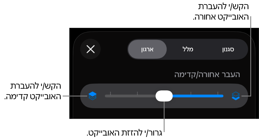 הכפתור ״העבר אחורה״, הכפתור ״העבר קדימה״ והמחוון של סידור בשכבות