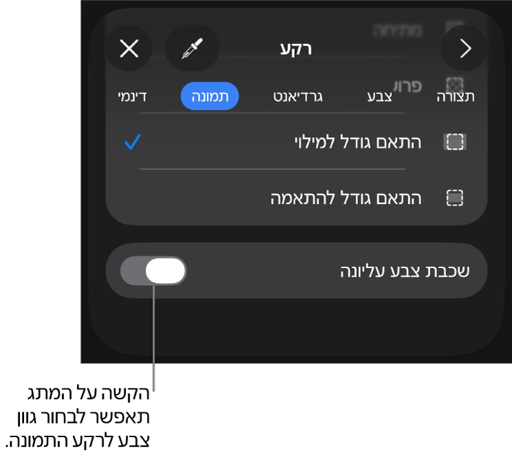 כלי הבקרה של ״רקע״, עם תמונה שמוגדרת כרקע של השקף. בחלק התחתון נמצא כלי הבקרה ״כיסוי בצבע״.