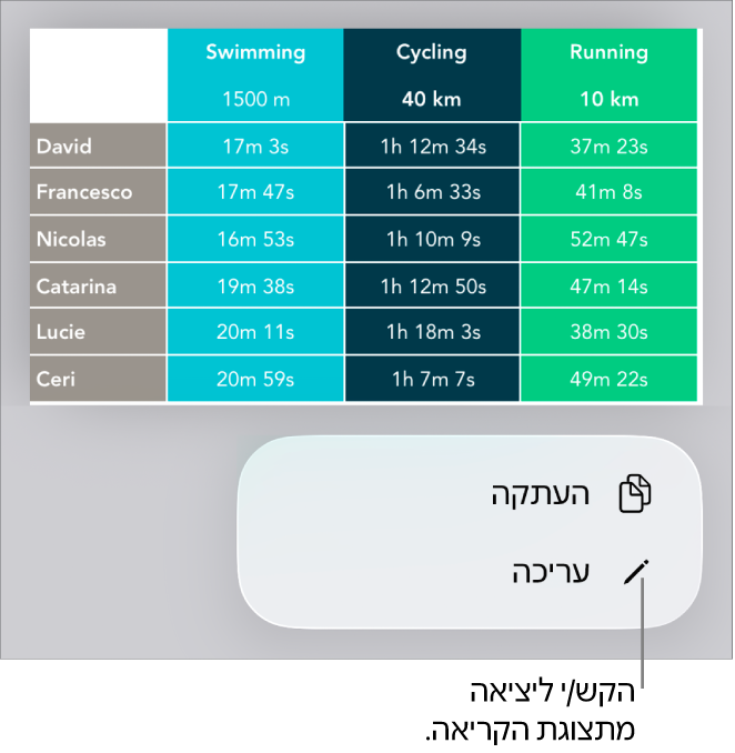 נבחרה טבלה, ומתחתיה מופיע תפריט עם הכפתורים ״העתק״ ו״עריכה״.