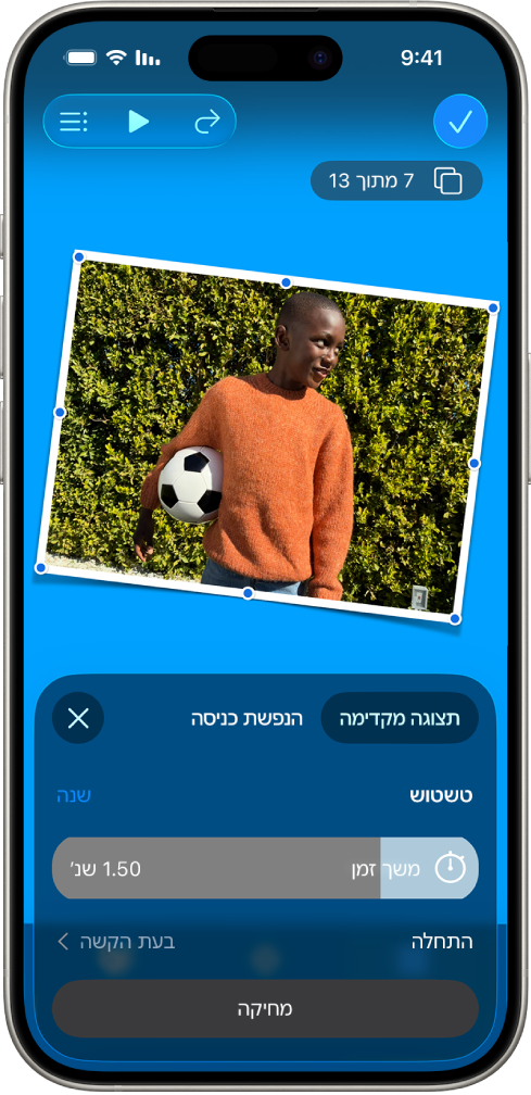 כלי הבקרה של ״הנפשה״ עבור התמונה שנבחרה בשקף. בתחתית המסך מוצגים כלי הבקרה עבור האפקט ״הנפשת כניסה״ שנמצא בשימוש.
