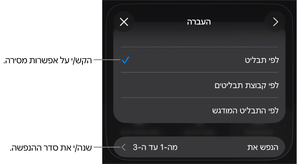 אפשרויות ״העברה״ בחלונית ״הנפשת כניסה״.