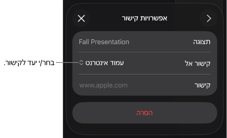כלי הבקרה של ״אפשרויות קישור״ כאשר האפשרות ״עמוד אינטרנט״ נבחרת ובחלק התחתון מוצג הכפתור ״הסר״.