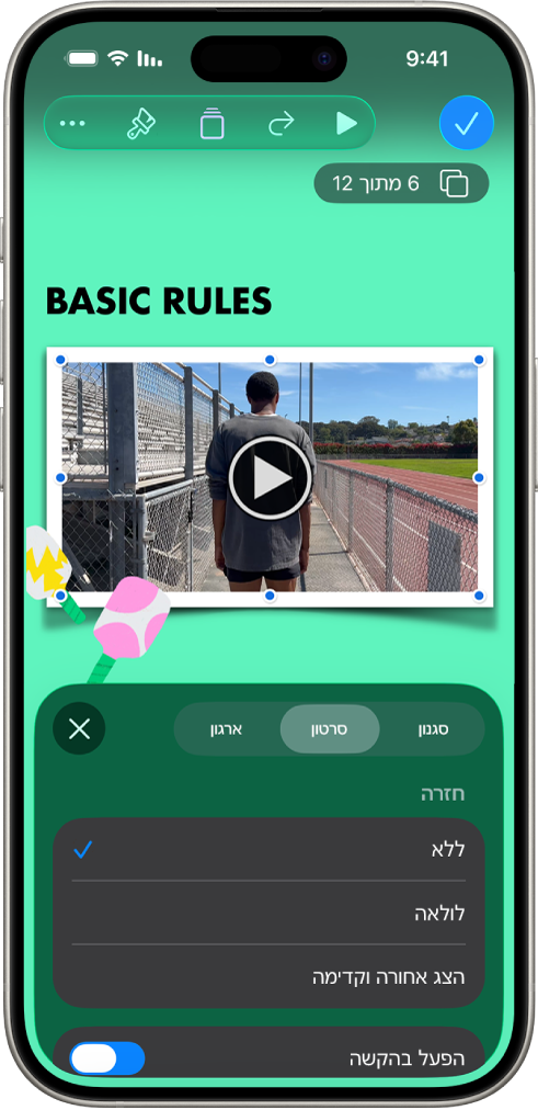 כלי הבקרה של ״עיצוב״ לשינוי הגודל והמראה של הסרט שנבחר הכפתורים ״סגנון״, ״סרט״ ו״ארגן״ ממוקמים מעל כלי הבקרה.