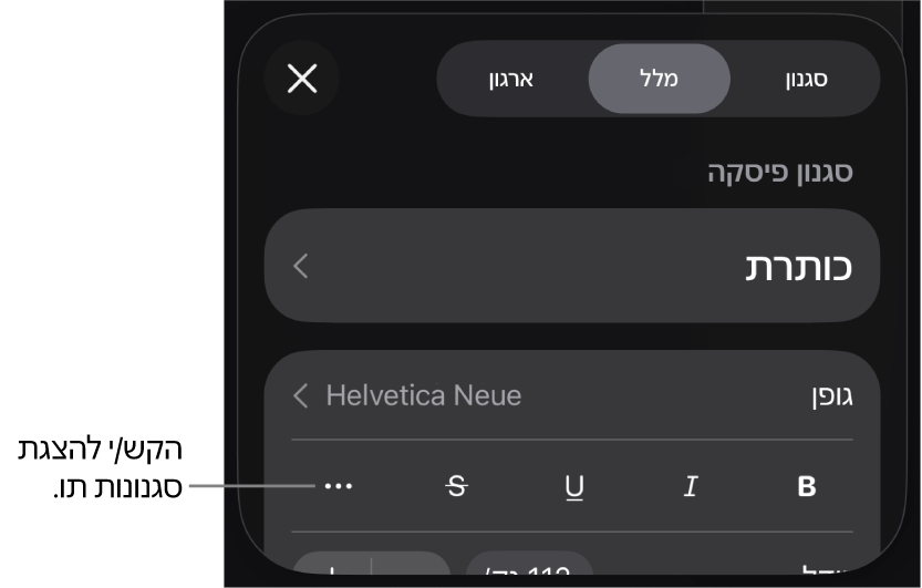 כלי הבקרה של ״עיצוב״ עם סגנונות פיסקה בראש כלי הבקרה של ״גופן״. מתחת ל״גופן״ נמצאים כפתורים של אפשרויות ״מלל״ כמו ״הדגשה״, ״קו תחתון״, ״קו חוצה״ ועוד.