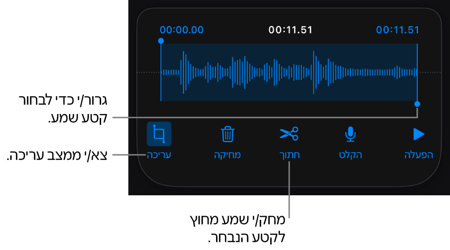 כלי הבקרה לעריכת שמע שהוקלט. ידיות האחיזה מציינות את המקטע שנבחר מתוך ההקלטה, והכפתורים ״תצוגה מקדימה״, ״הקלט״, ״חתוך״, ״מחק״ ו״מצב עריכה״ נמצאים מתחת.