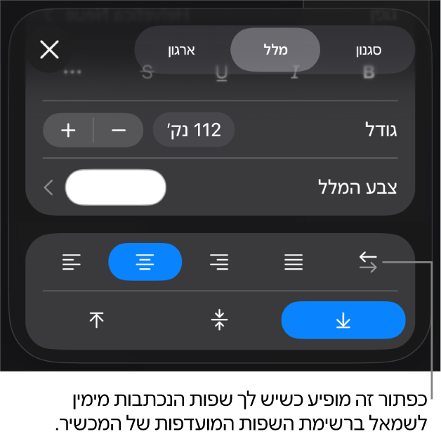 כלי בקרה של מלל בתפריט ״עיצוב״ עם הסבר על הכפתור ״מימין לשמאל״.