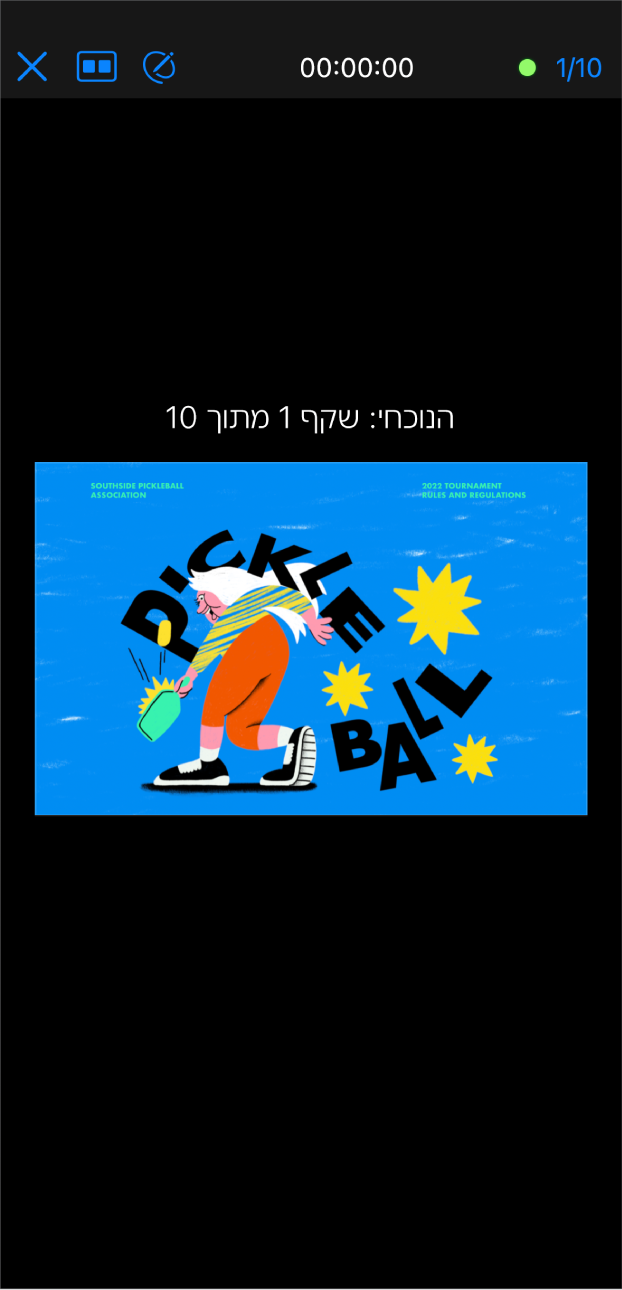 תצוגת המציג/ה פתוחה ביישום Keynote. השקף הנוכחי מוצג במרכז המסך. סרגל כלים מופיע בראש מהסך עם סופר השקפים בצד ימין, הזמן במרכז והפתורים ״ציור״, ״פריסה״ ו״יציאה״ בצד שמאל.