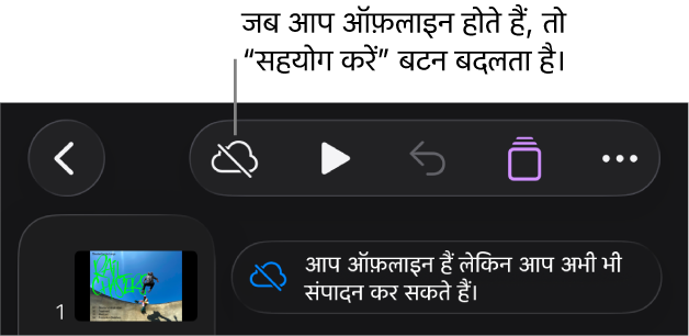 स्क्रीन के शीर्ष पर बटन, जहाँ मौजूद “सहयोग करें” बटन विकर्ण रेखा वाले क्लाउड में बदल जाता है। स्क्रीन पर एक अलर्ट कहता है, “आप ऑफ़लाइन हैं लेकिन अब भी संपादित कर सकते हैं।”