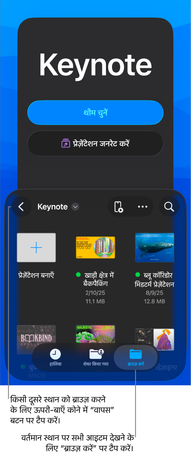 दस्तावेज़ प्रबंधक जिसके ऊपरी आधे हिस्से में थीम चुनने और आउटलाइन से प्रेज़ेंटेशन शुरू करने के लिए बटन हैं और सबसे नीचे शेयर किए गए प्रेज़ेंटेशन वाला दस्तावेज़ प्रबंधक है।