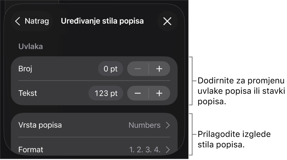 Izbornik Uredi stil popisa s kontrolama za uređivanje vrste i izgleda popisa.
