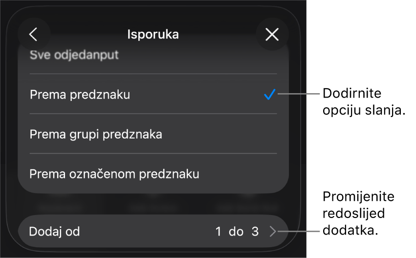 Opcije isporuke u prozoru Dodavanje.