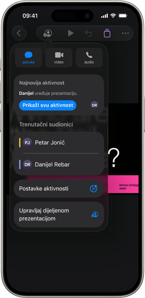 Izbornik suradnje prikazuje imena ljudi koji surađuju na prezentaciji.