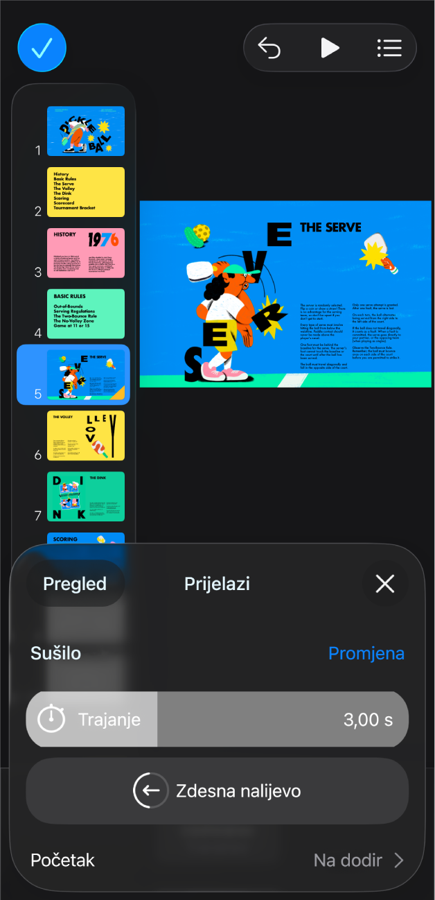 Aplikacija Keynote sa slajdom odabranim u navigatoru slajdova s lijeve strane zaslona. Tipka Prijelaz prikazuje se u izborniku s desne strane odabranog slajda.