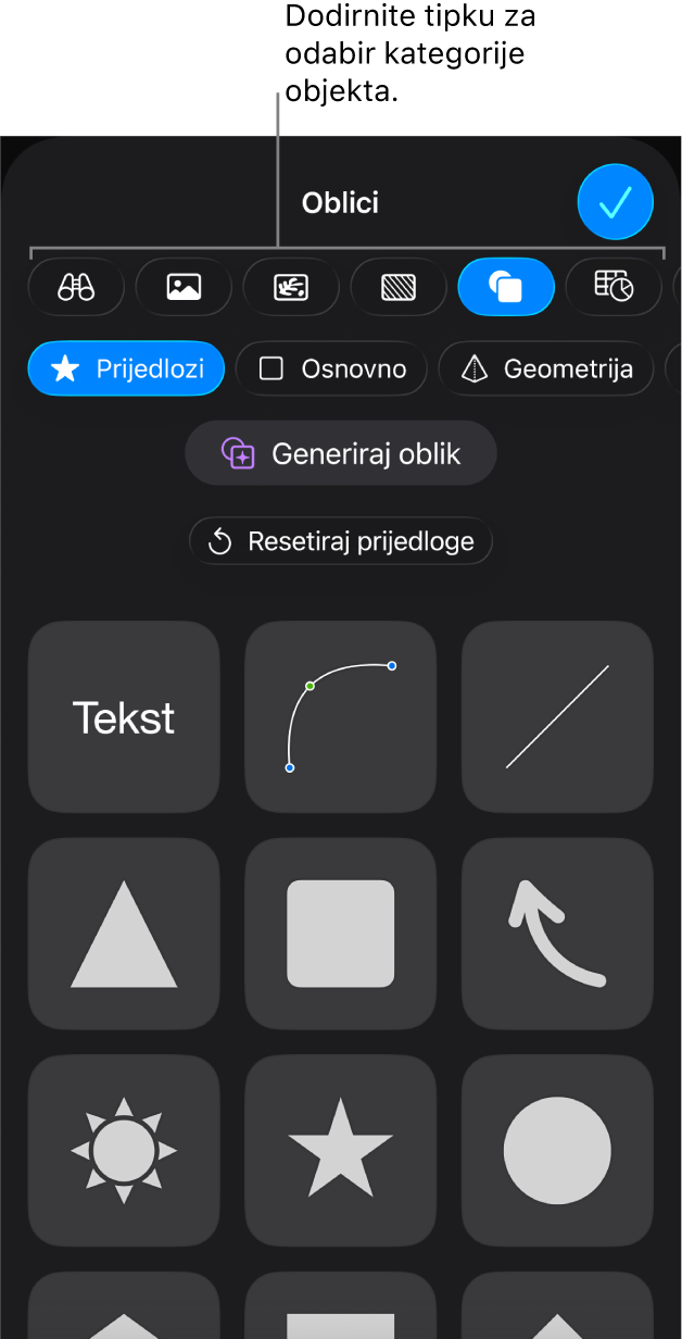 Kontrole za dodavanje objekta, s tipkama na vrhu za odabir tablica, grafikona, oblika (uključujući linije i tekstualne okvire) i medija.