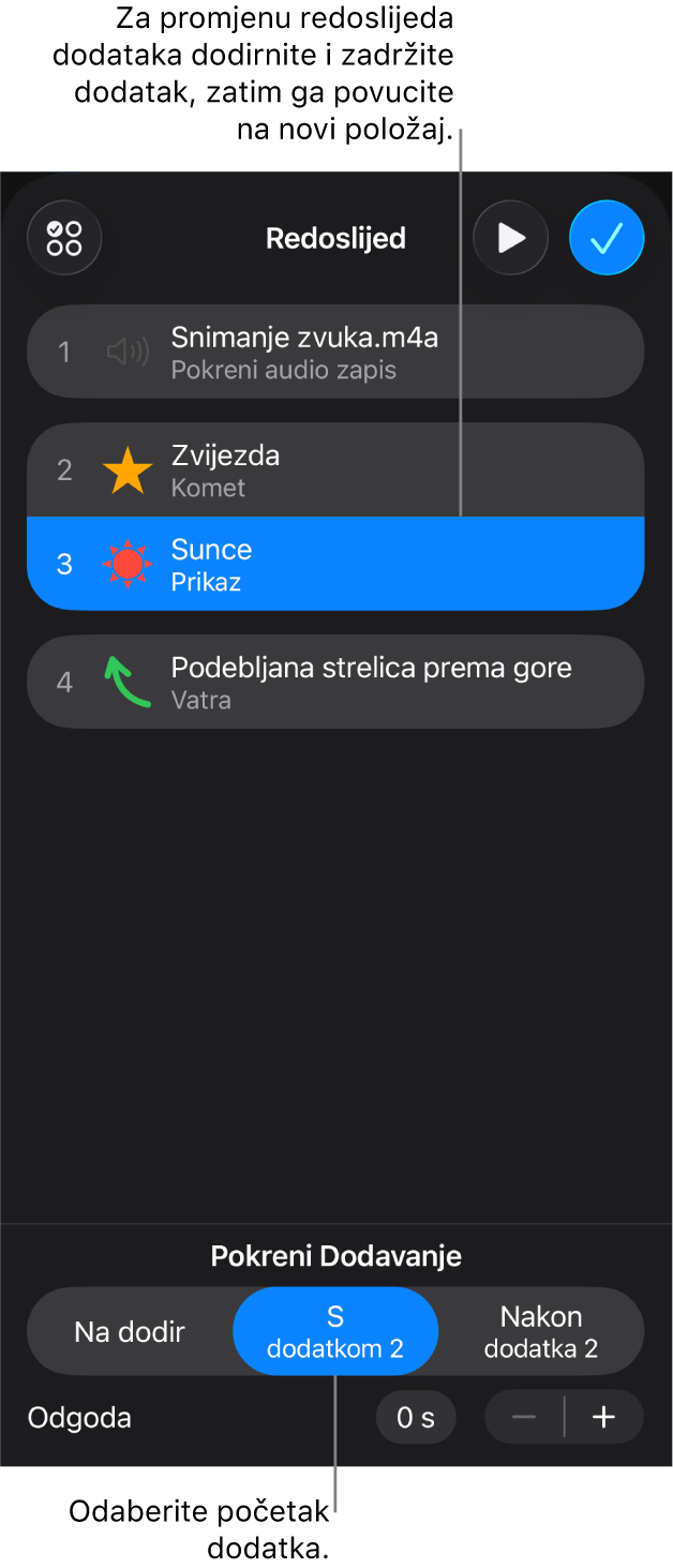 U popisu Redoslijeda dodataka dodani efekti prikazuju se sa žutim bedževima, a izuzeti efekti prikazuju se sa sivim bedževima.