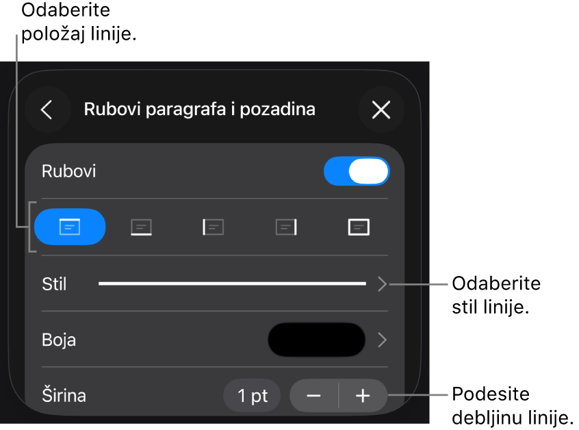 Kontrole za promjenu stila, debljine, položaja i boje linije.