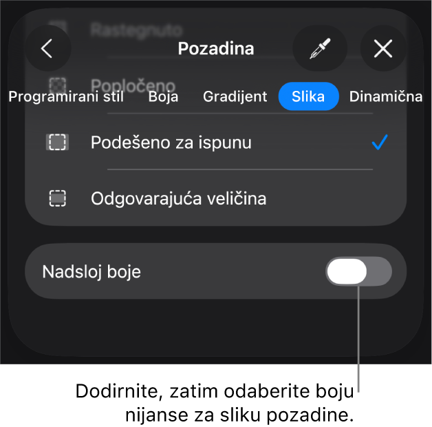 Kontrole Pozadine sa slikom postavljenom kao pozadinom slajda i kontrolom Preklapanje boja pri dnu.