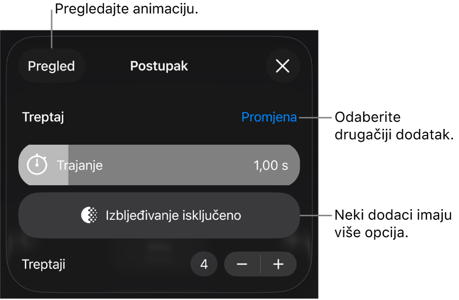 Opcije izdanja uključuju postavku vremena za Trajanje i Početak. Dodirnite Promijeni za odabir drugog izdanja, ili dodirnite Pretpregled za pregled izdanja.
