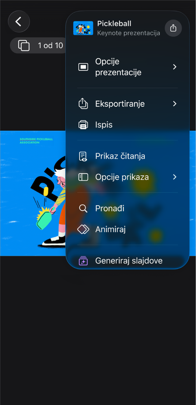 Aplikacija Keynote s opcijama Eksportiranja otvorenim u izborniku Više u alatnoj traci.