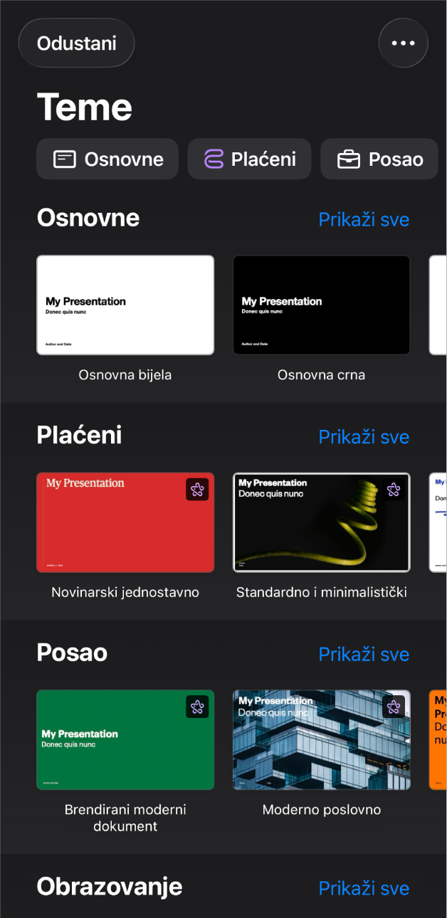 Izbornik tema s prikazom retka kategorija preko vrha koje možete dodirnuti za filtriranje opcija. Ispod se nalaze minijature postojećih tema poredanih u retke po kategoriji.