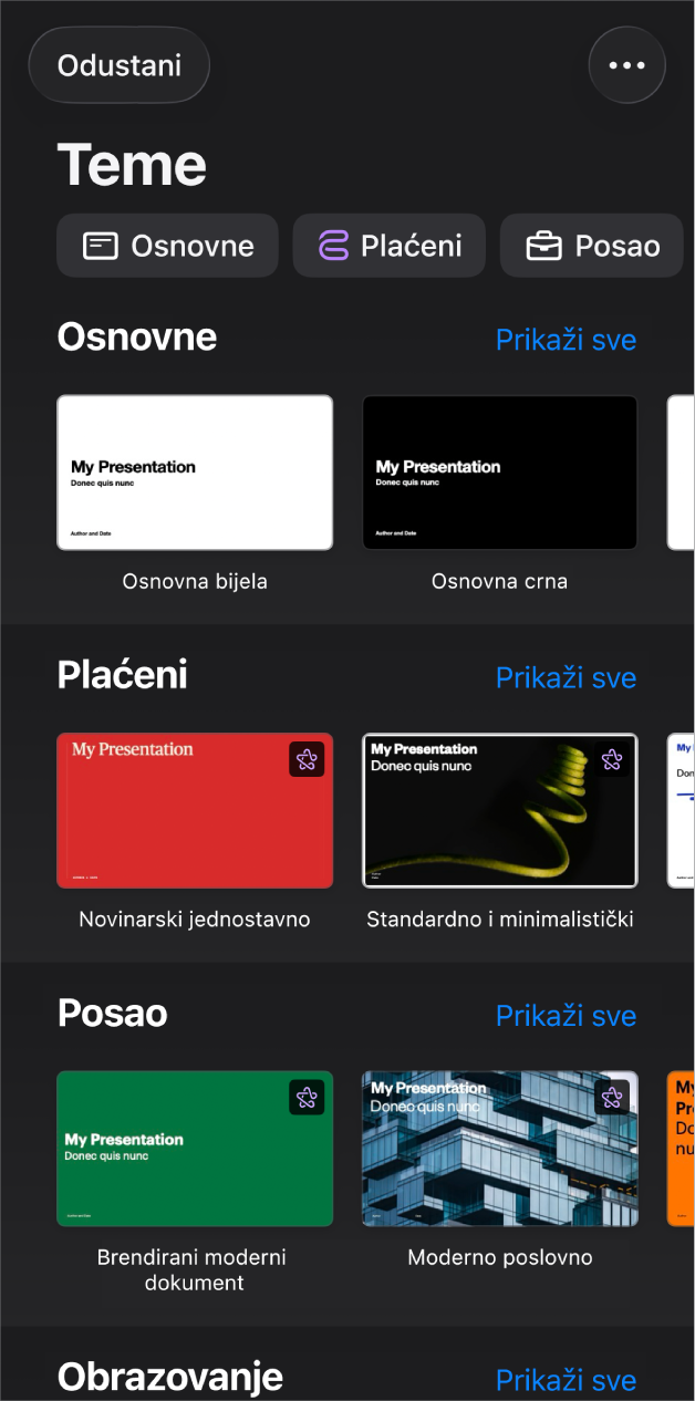Izbornik tema s prikazom retka kategorija preko vrha koje možete dodirnuti za filtriranje opcija. Ispod su minijature postojećih predložaka organizirane u recima prema kategoriji počevši s kategorijom Osnovno pri vrhu, a zatim slijede kategorije Minimalno i Podebljano. Tipka Prikaži sve pojavljuje se poviše s desne strane svakog retka kategorije. Tipka Otkaži nalazi se u gornjem lijevom kutu.