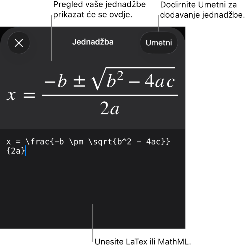 Dijaloški okvir Jednadžba koji prikazuje jednadžbu napisanu korištenjem MathML naredbi i prikaz gornje formule.