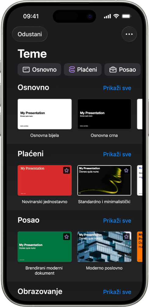 Izbornik tema s prikazom retka kategorija preko vrha koje možete dodirnuti za filtriranje opcija. Ispod se nalaze minijature postojećih tema poredanih u retke po kategoriji.