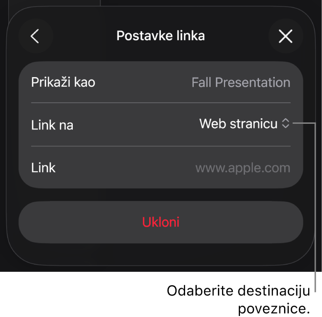 Kontrole Postavke linka s odabranom opcijom Web stranica, tipka Ukloni nalazi se na dnu.