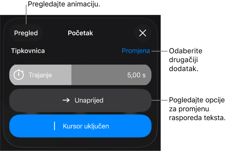 Opcije Početka uključuju Trajanje, Animaciju teksta i Isporuku. Dodirnite Promijeni za odabir drugog izdanja, ili dodirnite Pretpregled za pregled izdanja.
