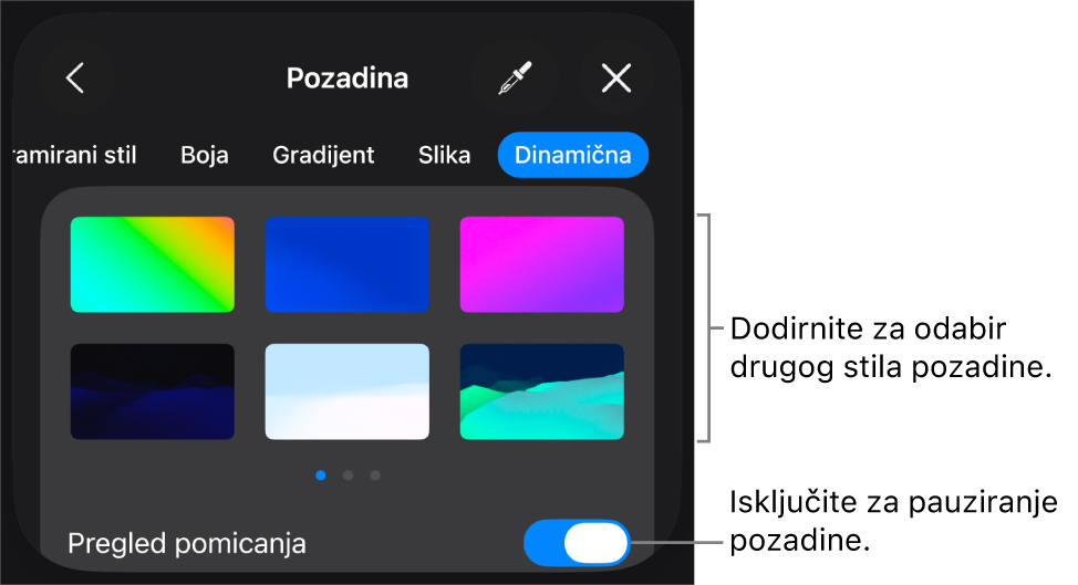 Kontrole dinamične pozadine s prikazanim minijaturama stila pozadine i tipkom Prikaz kretanja.