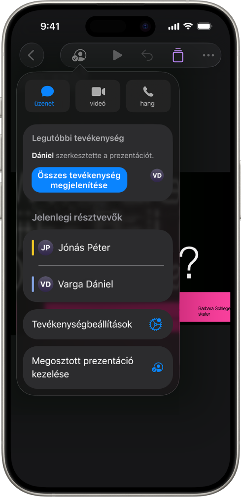 Az együttműködés menü, amelyben a prezentáción együttműködő személyek nevei láthatók.