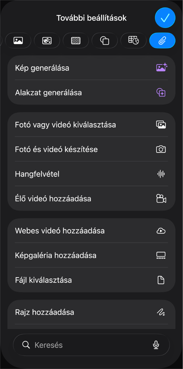 A Média menü a különböző médiaobjektumok hozzáadására és felvételére szolgáló gombokkal.