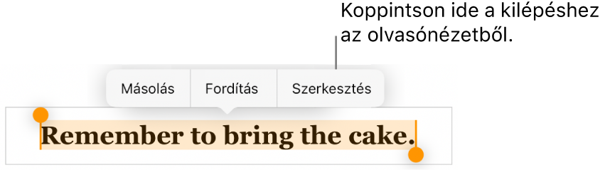 Egy kijelölt mondat, amely fölött a Másolás és Szerkesztés gombokat tartalmazó környezetfüggő menü látható.