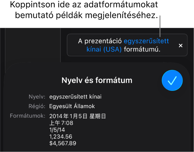 Értesítés az eltérő nyelvi és regionális beállításokról, és látható néhány példa az adott nyelvre és régióra jellemző formátumokra.
