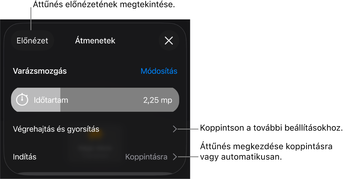 A Varázsmozgás vezérlői az Áttűnések panelen.